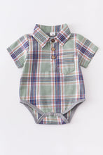 Green plaid button down baby romper
