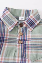 Green plaid button down baby romper