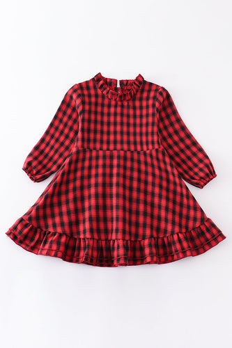 Red plaid ruffle girl dress