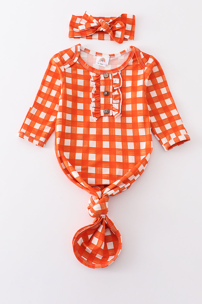 Orange plaid hairband bamboo baby gown - ARIA KIDS