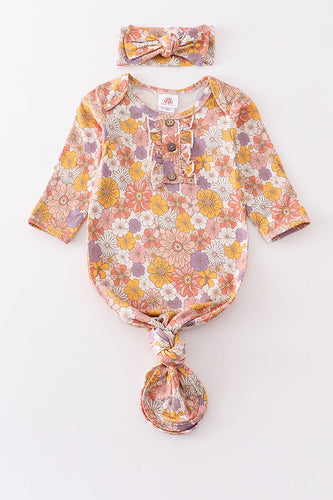 Mustard floral hairband baby gown - ARIA KIDS