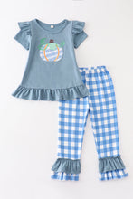 Blue pumpkin embroidery plaid halloween