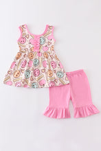 Pink smiling print ruffle girl set