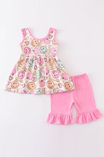 Pink smiling print ruffle girl set