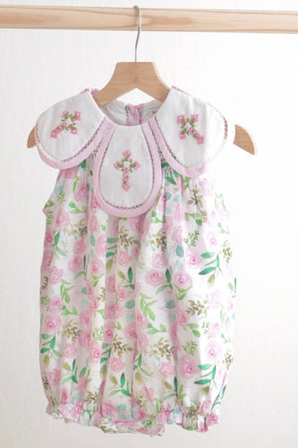 Pink easter cross emrboidery floral girl bubble - ARIA KIDS