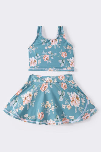 Teal floral print girl 2pc swimsuit - ARIA KIDS