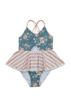 Teal floral print girl one-piece swimsuit - ARIA KIDS