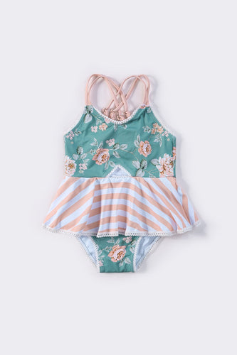 Teal floral print girl one-piece swimsuit - ARIA KIDS