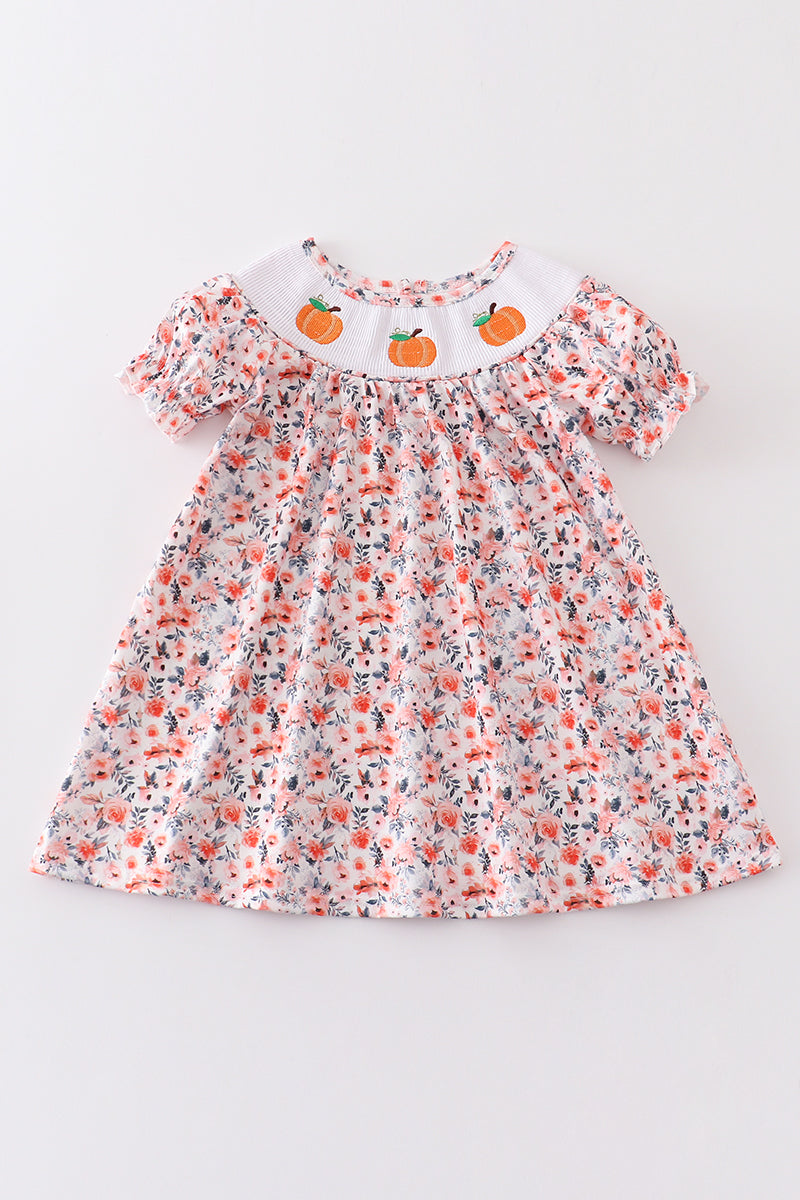 Floral print pumpkin embroidery smocked dress - ARIA KIDS