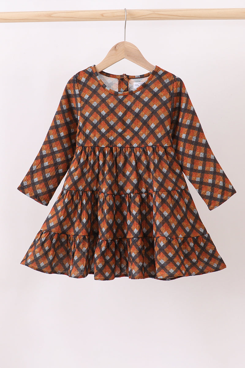 Premium brown plaid muslin dress - ARIA KIDS