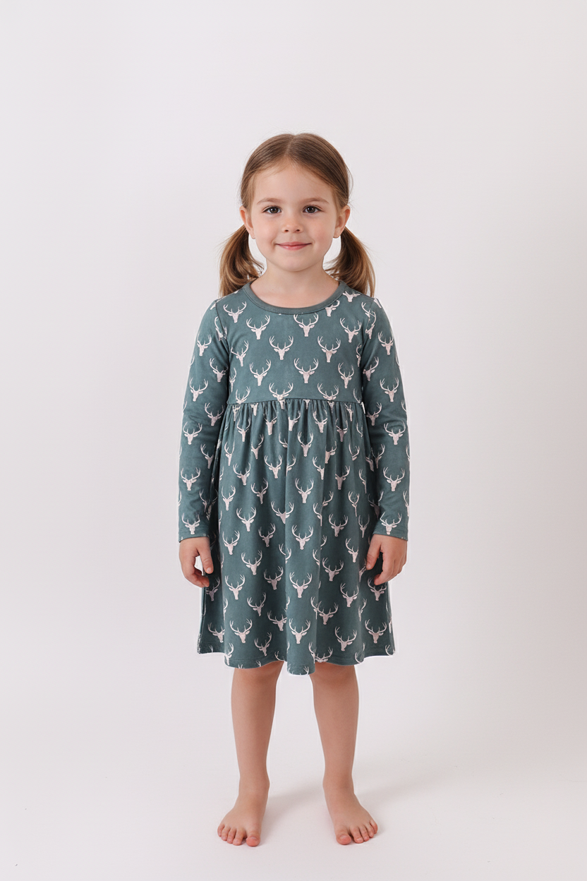 Premium forest reindeer print bamboo dress - ARIA KIDS