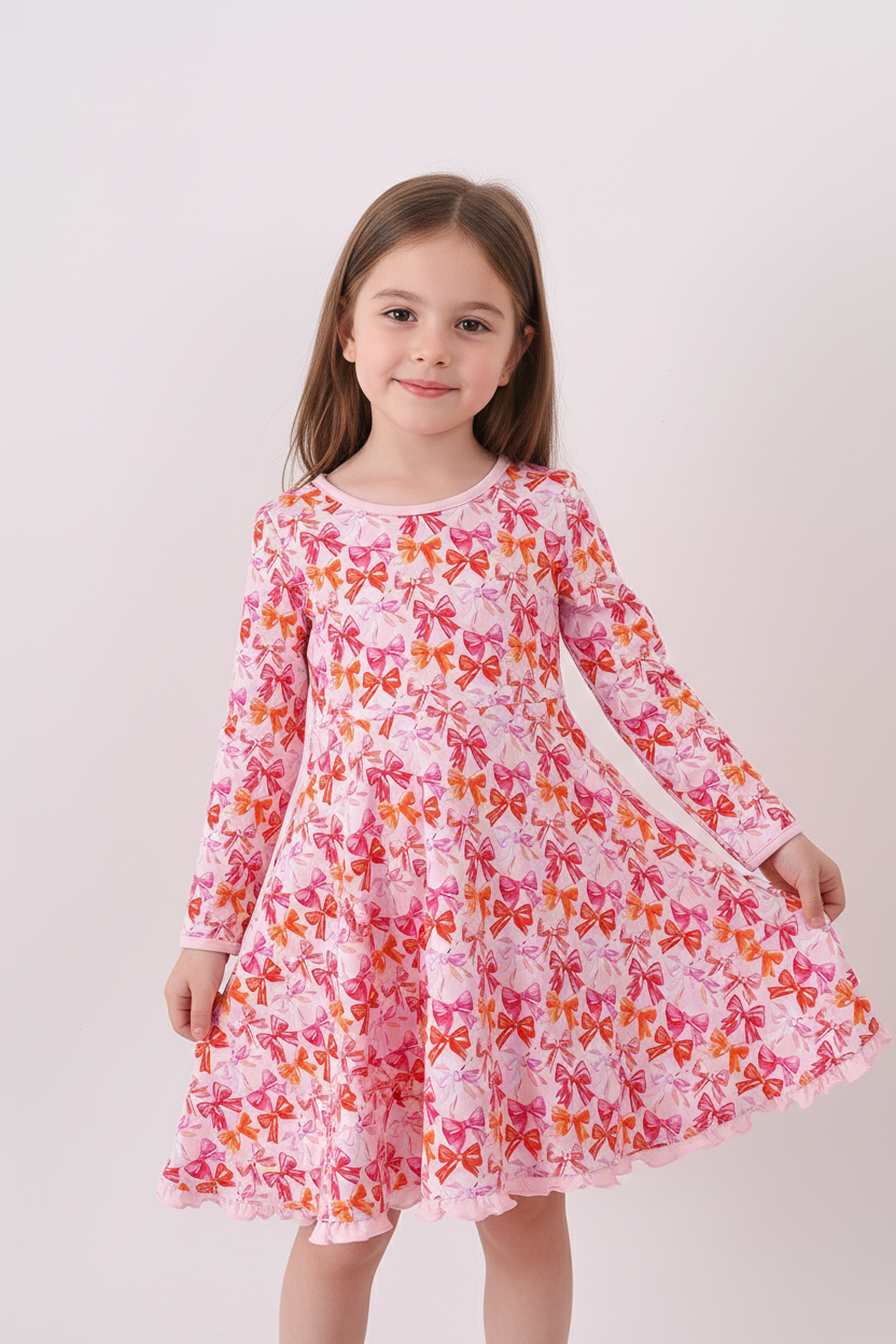 Premium berry blossom bows ruffle bamboo dress - ARIA KIDS