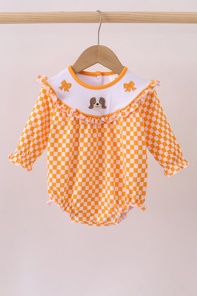 Orange Tennessee puppy bow embroidery checkered bubble - ARIA KIDS