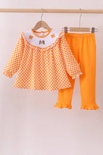Orange Tennessee puppy bow embroidery checkered ruffle pants set - ARIA KIDS