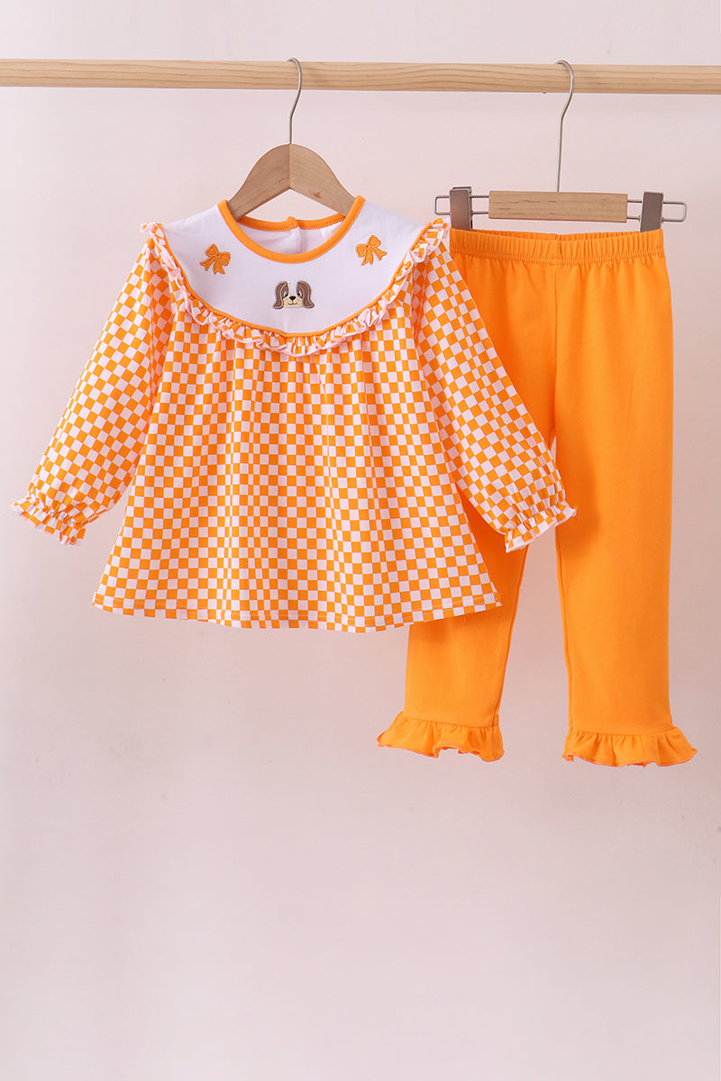 Orange Tennessee puppy bow embroidery checkered ruffle pants set - ARIA KIDS