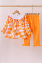 Orange Tennessee puppy bow embroidery checkered ruffle pants set - ARIA KIDS