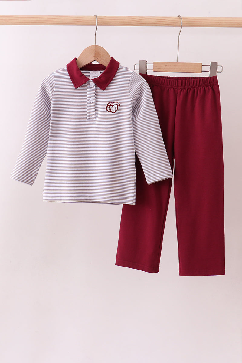 Premium Maroon Mississippi stripe bulldog embroidery pants set - ARIA KIDS