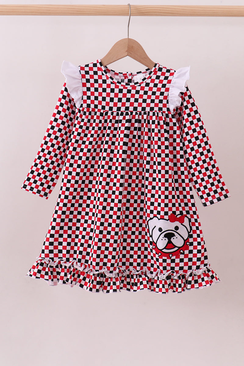 Checkered Georgia dog applique ruffle dress - ARIA KIDS