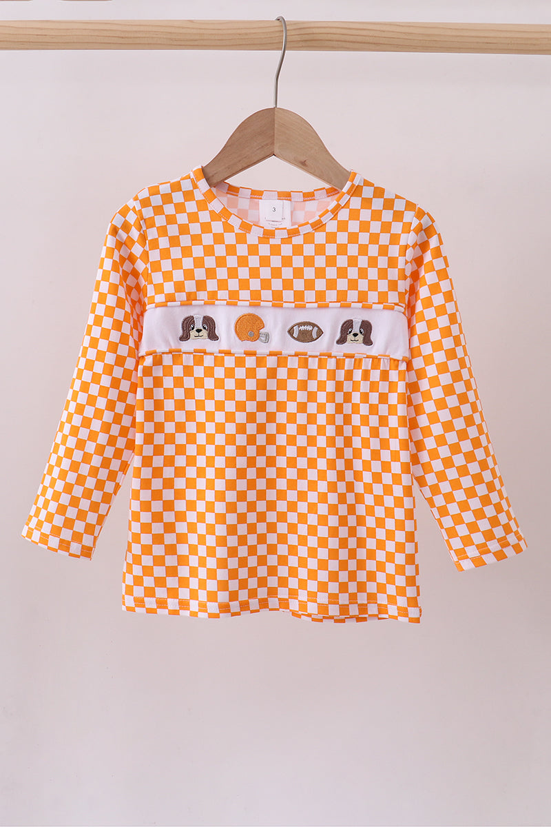 Orange Tennessee puppy bow embroidery checkered top - ARIA KIDS