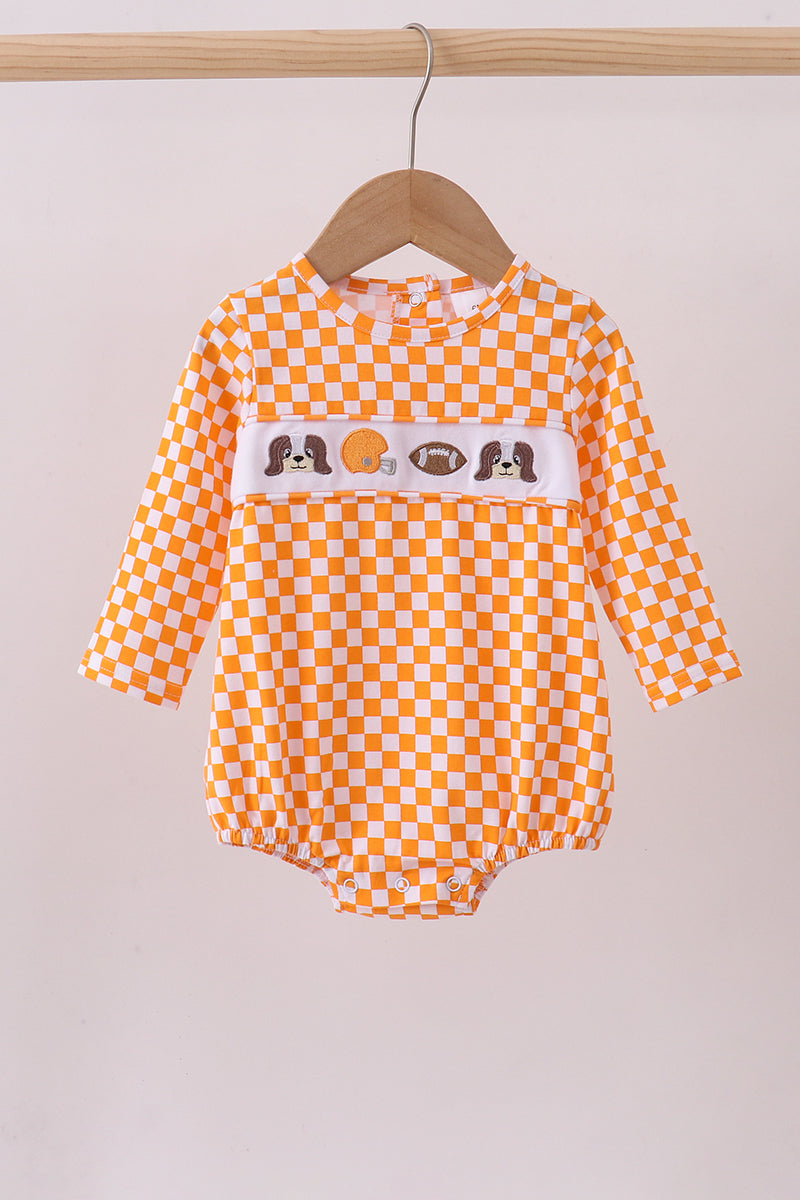 Orange Tennessee puppy bow embroidery checkered bubble - ARIA KIDS