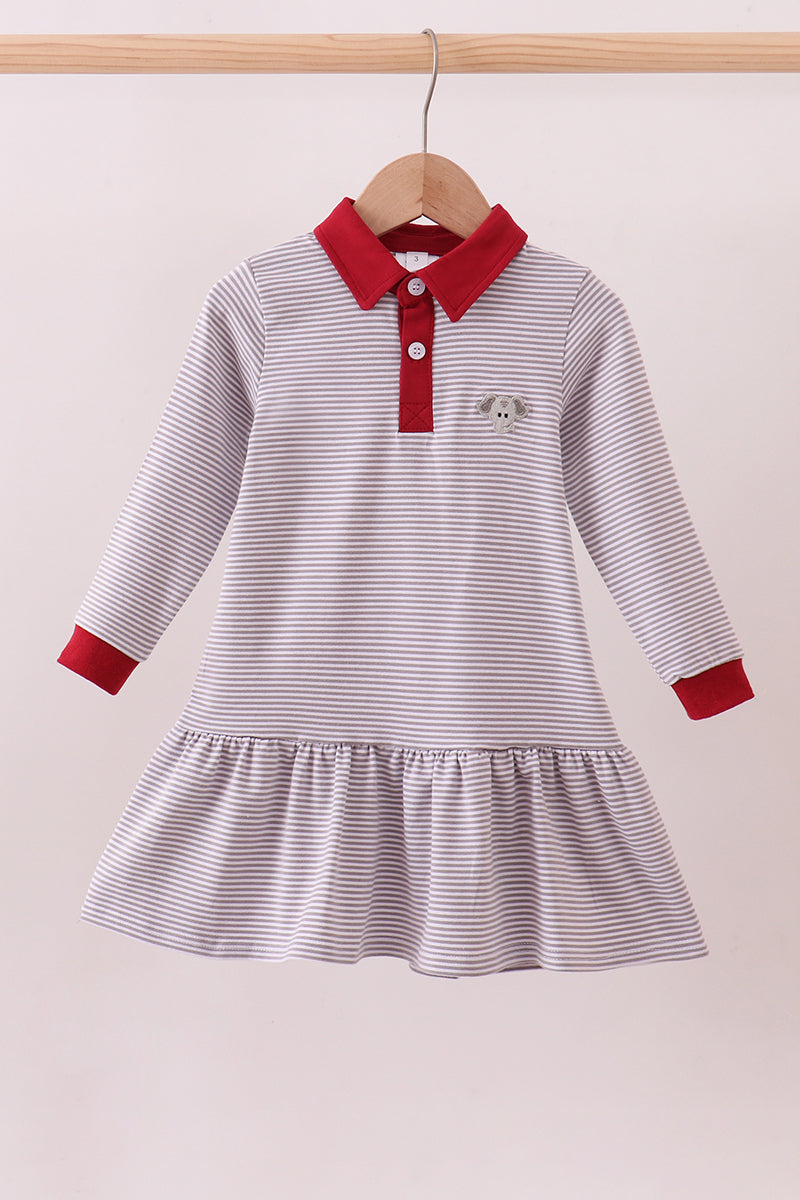 Premium Gray Alabama stripe elephant embroidery dress - ARIA KIDS