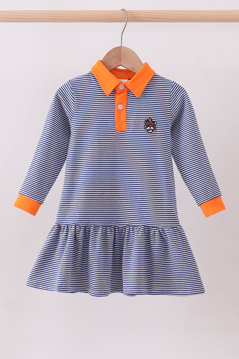 Premium Blue Auburn stripe tiger embroidery dress - ARIA KIDS
