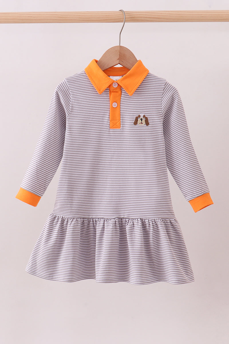 Premium Orange Tennessee stripe puppy embroidery dress - ARIA KIDS