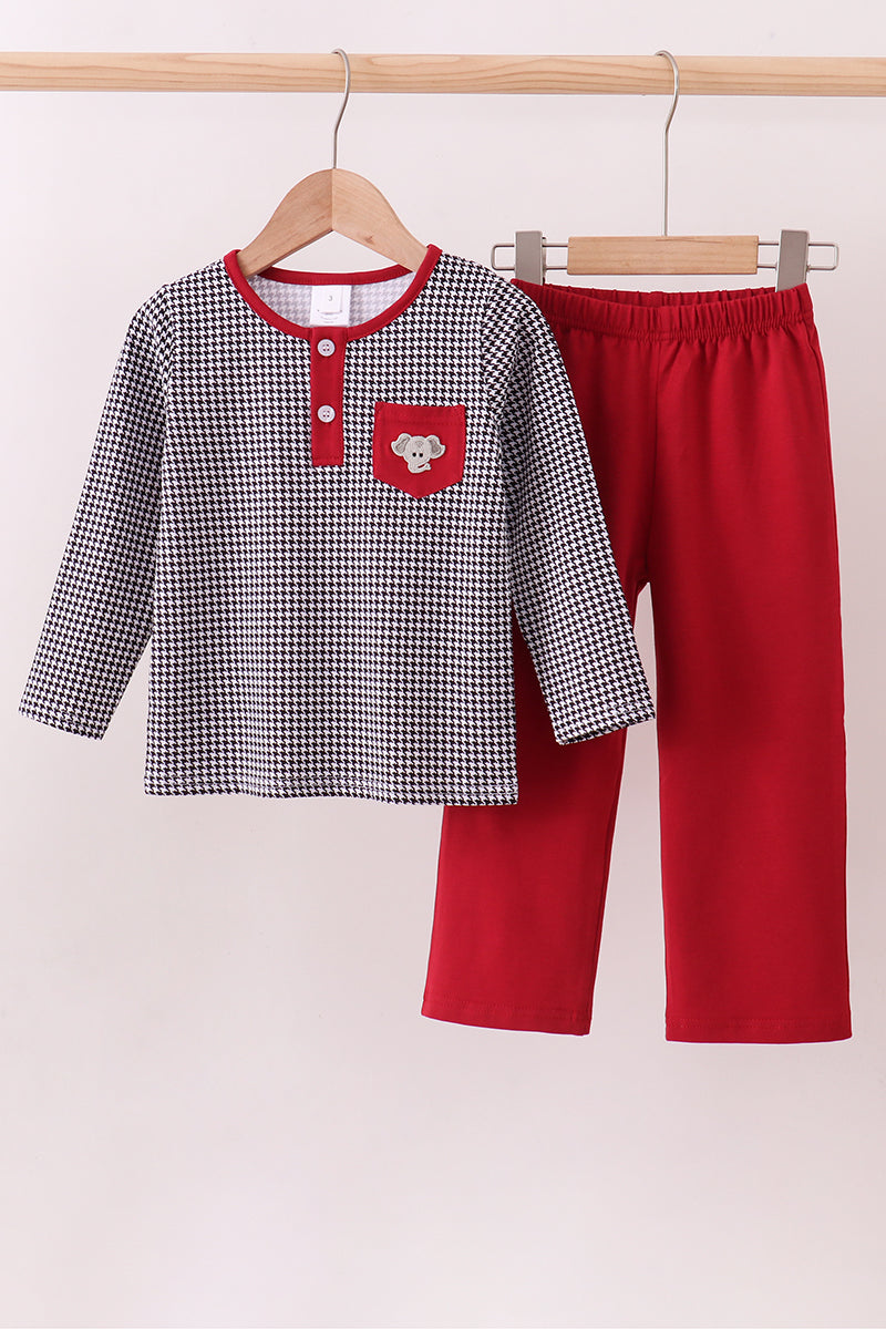 Premium Maroon Alabama elephant embroidery gingham pants set - ARIA KIDS
