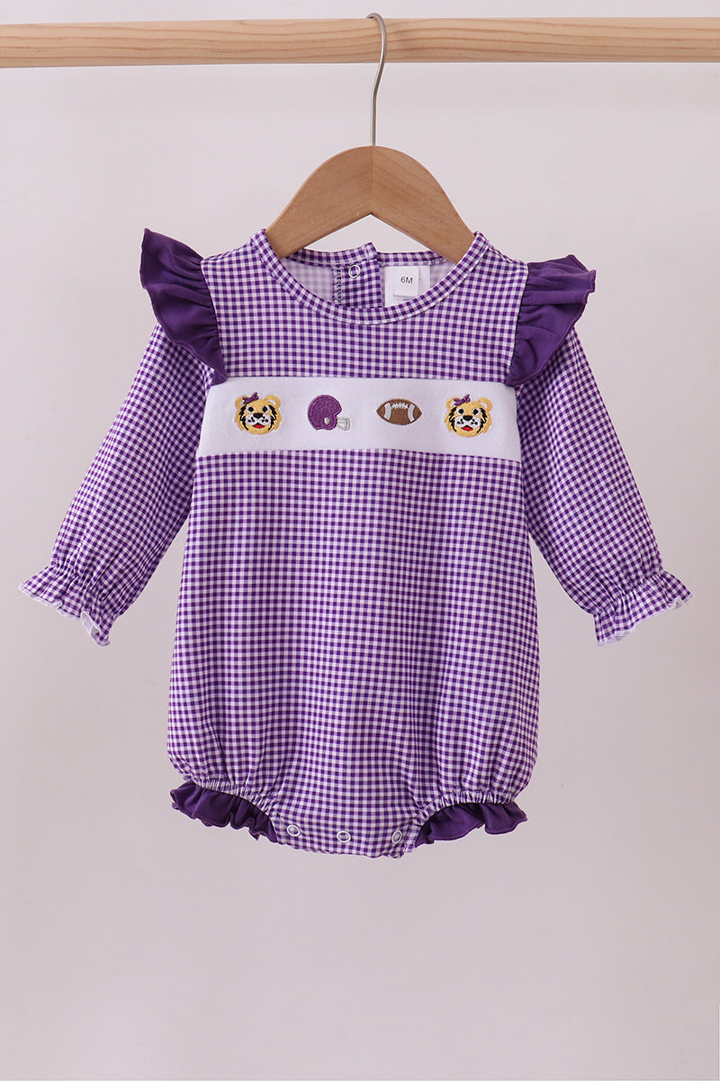 Premium Purple LSU tiger embroidery gingham ruffle bubble - ARIA KIDS