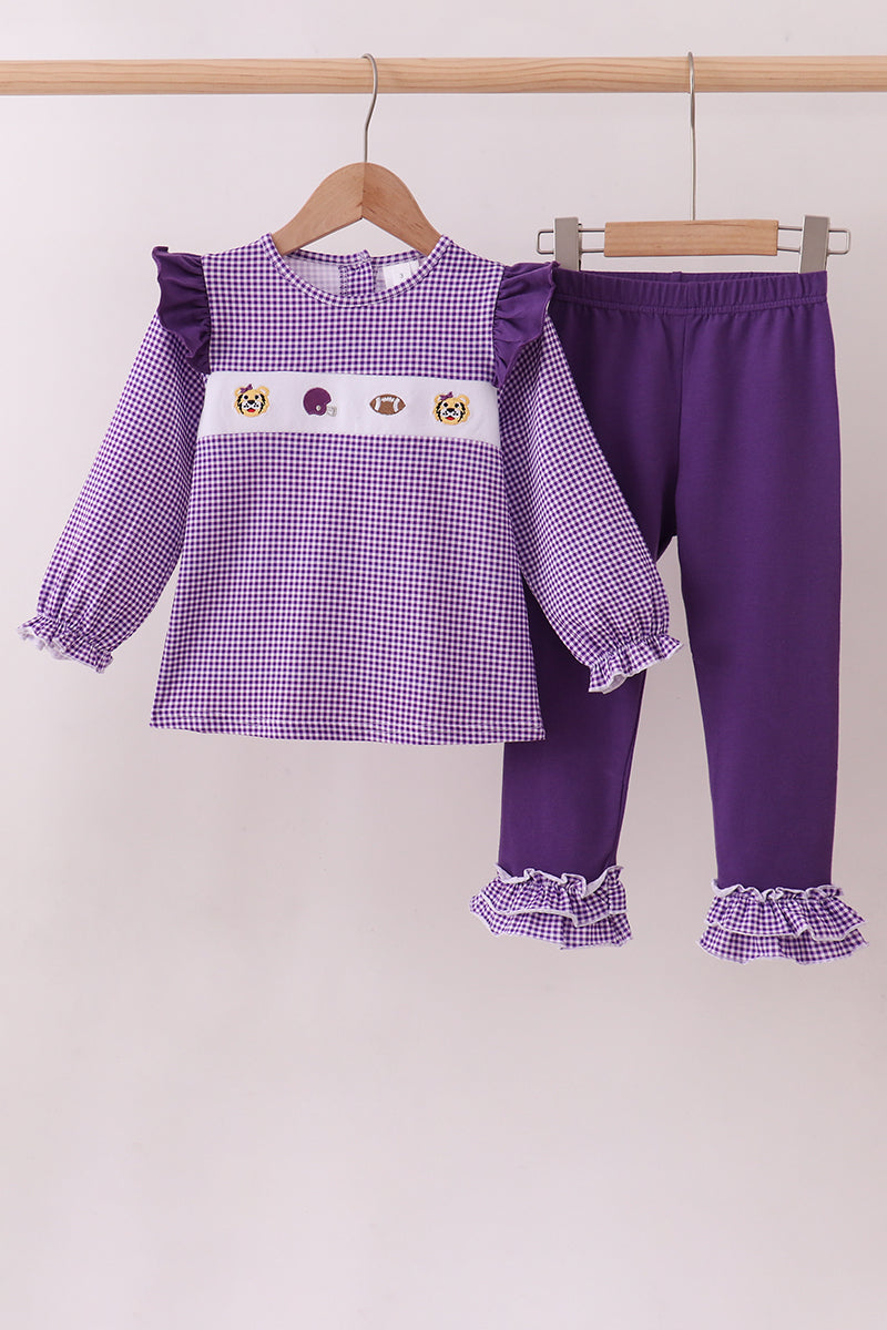 Premium Purple LSU tiger football embroideyr gingham ruffle pants set - ARIA KIDS