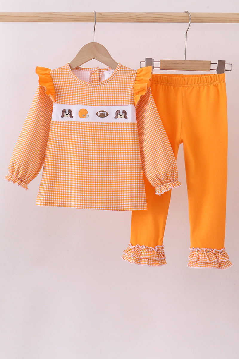 Premium Orange Tennessee puppy football embroidery ruffle pants set - ARIA KIDS