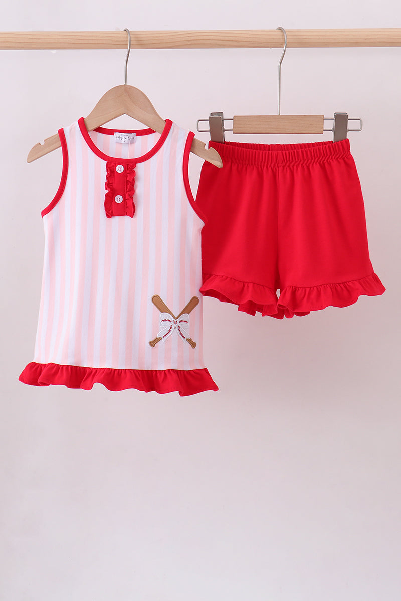 Pink baseball bow stripe ruffle shorts set - ARIA KIDS