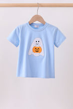 Blue ghost pumpkin embroidery top