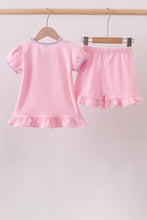 Pink ghost pumpkin embroidery ruffle shorts set