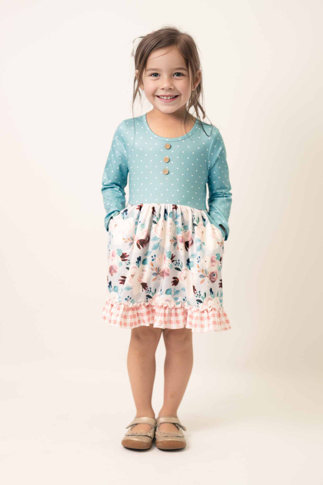 Teal dot floral print dress - ARIA KIDS