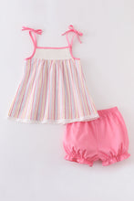 Pink  rainbow embroidery stripe girl set