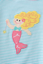 Blue mermaid embroidery stripe ruffle girl romper