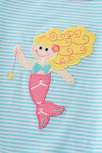 Blue mermaid embroidery stripe ruffle girl romper