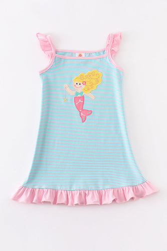 Blue stripe mermaid embroidery ruffle girl dress - ARIA KIDS