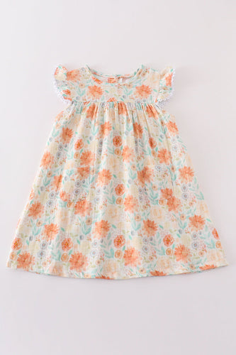 Premium Floral leaves muslin ruffle dress - ARIA KIDS