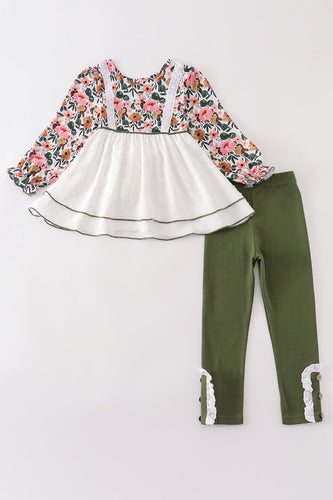 Premium Green floral print swiss dot girl set - ARIA KIDS
