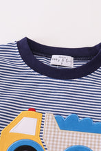 Premium blue stripe truck applique boy set - ARIA KIDS