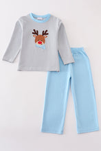 Premium blue stripe christmas deer applique boy set - ARIA KIDS