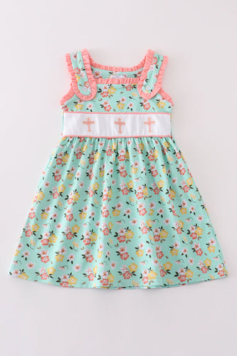 Premium green floral cross embroidery dress - ARIA KIDS