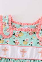 Premium green floral cross embroidery dress - ARIA KIDS