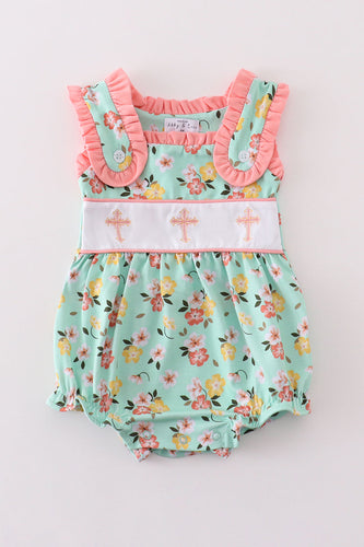 Premium green floral cross embroidery girl bubble - ARIA KIDS