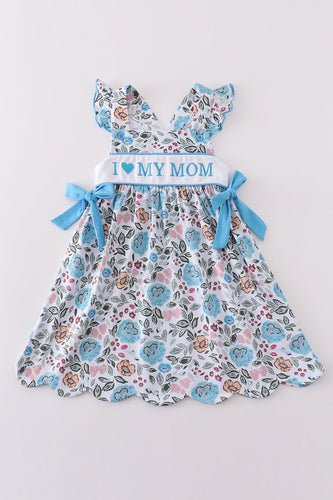 Premium blue floral I love mom embroidery dress - ARIA KIDS