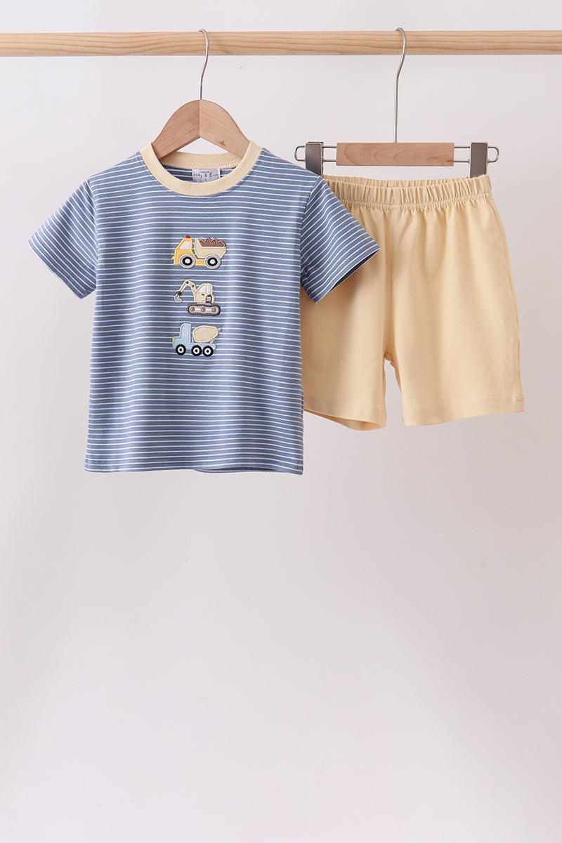 Blue stripe truck embroidery shorts set