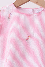 Pink stripe seersucker flamingo embroidery scalloped bloomer set