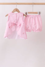 Pink stripe seersucker flamingo embroidery scalloped bloomer set